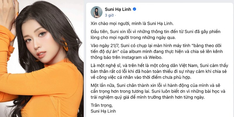 Suni Hạ Linh đăng bài xin lỗi khi đăng tải thông tin album mới ở thời điểm quốc tang